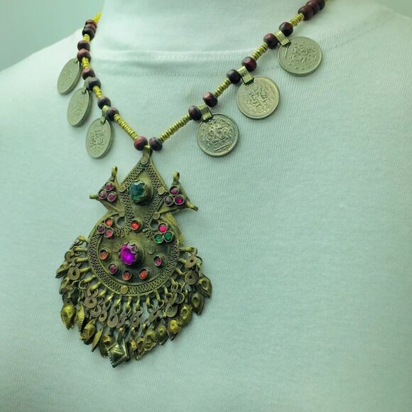 Vintage Coins Pendant Necklace, Metal And Wooden Beaded Chain Necklace - Picture 2 of 12